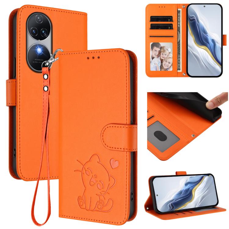 Embossed Heart Cat Leather Phone Case with Hand Strap, For Oukitel C38, For Oukitel C35, For Oukitel C33