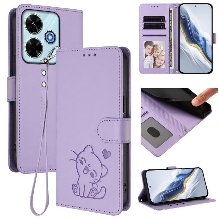 Embossed Heart Cat Leather Phone Case with Hand Strap, For Xiaomi Poco M7 4G 169mm, For Redmi 15 5G Global / 15 4G SEA 169.5mm, For Redmi 15 5G / 4G EU 171mm, For Redmi 15C 5G / 4G Global 171mm / Poco C85 4G, For Redmi 13 4G / 5G / 13x / Xiaomi Poco M6...