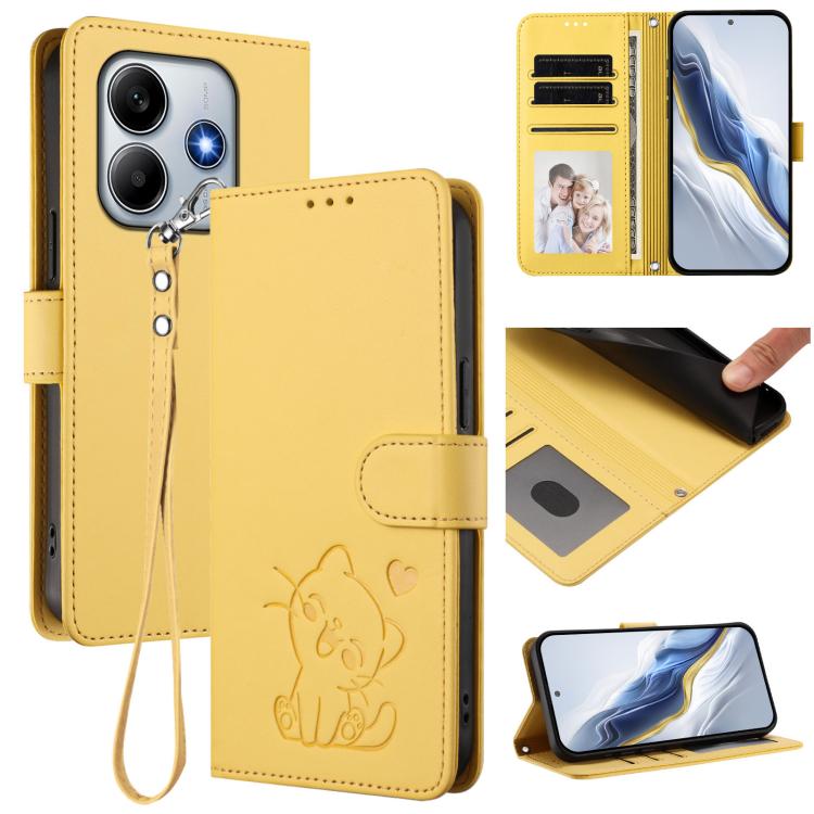 Embossed Heart Cat Leather Phone Case with Hand Strap, For Xiaomi Poco M7 4G 169mm, For Redmi 15 5G Global / 15 4G SEA 169.5mm, For Redmi 15 5G / 4G EU 171mm, For Redmi 15C 5G / 4G Global 171mm / Poco C85 4G, For Redmi 13 4G / 5G / 13x / Xiaomi Poco M6...