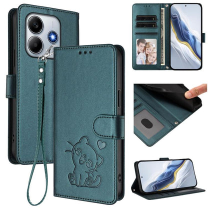Embossed Heart Cat Leather Phone Case with Hand Strap, For Xiaomi Poco M7 4G 169mm, For Redmi 15 5G Global / 15 4G SEA 169.5mm, For Redmi 15 5G / 4G EU 171mm, For Redmi 15C 5G / 4G Global 171mm / Poco C85 4G, For Redmi 13 4G / 5G / 13x / Xiaomi Poco M6...