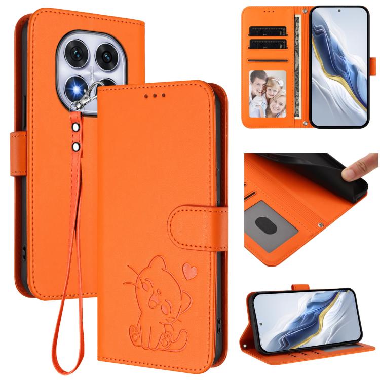 Embossed Heart Cat Leather Phone Case with Hand Strap, For Xiaomi Poco M7 4G 169mm, For Redmi 15 5G Global / 15 4G SEA 169.5mm, For Redmi 15 5G / 4G EU 171mm, For Redmi 15C 5G / 4G Global 171mm / Poco C85 4G, For Redmi 13 4G / 5G / 13x / Xiaomi Poco M6...