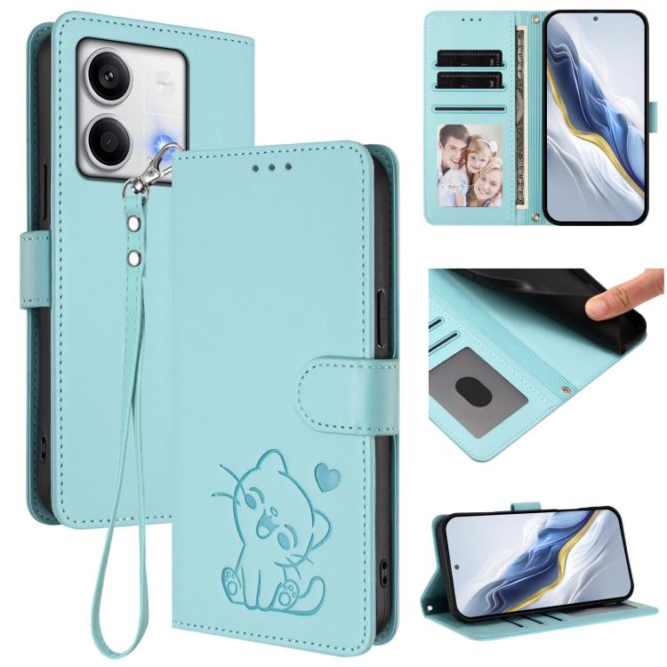 Embossed Heart Cat Leather Phone Case with Hand Strap, For Redmi Note 13 5G Global, For Redmi Note 13 Pro+ 5G Global, For Redmi 12 4G / 5G / Note 12R, For Redmi K50i / Note 12T Pro, For Redmi Note 12 Turbo 5G / Xiaomi Poco F5, For Redmi K60 / K60 Pro  ...