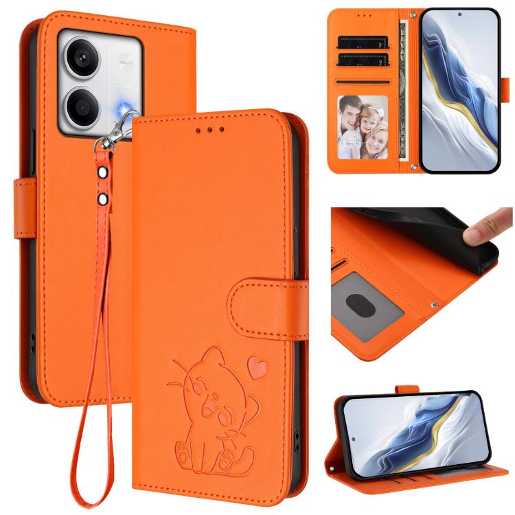 Embossed Heart Cat Leather Phone Case with Hand Strap, For Redmi Note 13 5G Global, For Redmi Note 13 Pro+ 5G Global, For Redmi 12 4G / 5G / Note 12R, For Redmi K50i / Note 12T Pro, For Redmi Note 12 Turbo 5G / Xiaomi Poco F5, For Redmi K60 / K60 Pro  ...