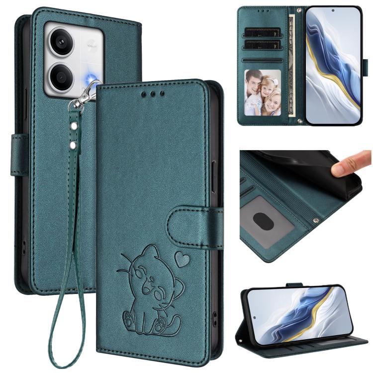 Embossed Heart Cat Leather Phone Case with Hand Strap, For Redmi Note 13 5G Global, For Redmi Note 13 Pro+ 5G Global, For Redmi 12 4G / 5G / Note 12R, For Redmi K50i / Note 12T Pro, For Redmi Note 12 Turbo 5G / Xiaomi Poco F5, For Redmi K60 / K60 Pro  ...