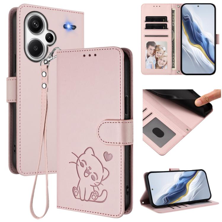 Embossed Heart Cat Leather Phone Case with Hand Strap, For Redmi Note 13 5G Global, For Redmi Note 13 Pro+ 5G Global, For Redmi 12 4G / 5G / Note 12R, For Redmi K50i / Note 12T Pro, For Redmi Note 12 Turbo 5G / Xiaomi Poco F5, For Redmi K60 / K60 Pro  ...