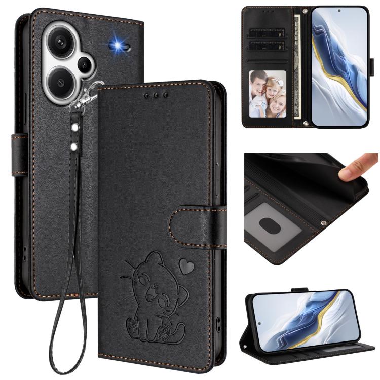 Embossed Heart Cat Leather Phone Case with Hand Strap, For Redmi Note 13 5G Global, For Redmi Note 13 Pro+ 5G Global, For Redmi 12 4G / 5G / Note 12R, For Redmi K50i / Note 12T Pro, For Redmi Note 12 Turbo 5G / Xiaomi Poco F5, For Redmi K60 / K60 Pro  ...