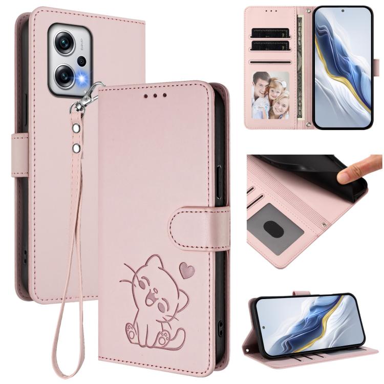 Embossed Heart Cat Leather Phone Case with Hand Strap, For Redmi Note 13 5G Global, For Redmi Note 13 Pro+ 5G Global, For Redmi 12 4G / 5G / Note 12R, For Redmi K50i / Note 12T Pro, For Redmi Note 12 Turbo 5G / Xiaomi Poco F5, For Redmi K60 / K60 Pro  ...