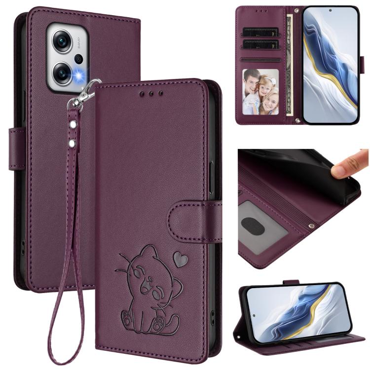 Embossed Heart Cat Leather Phone Case with Hand Strap, For Redmi Note 13 5G Global, For Redmi Note 13 Pro+ 5G Global, For Redmi 12 4G / 5G / Note 12R, For Redmi K50i / Note 12T Pro, For Redmi Note 12 Turbo 5G / Xiaomi Poco F5, For Redmi K60 / K60 Pro  ...