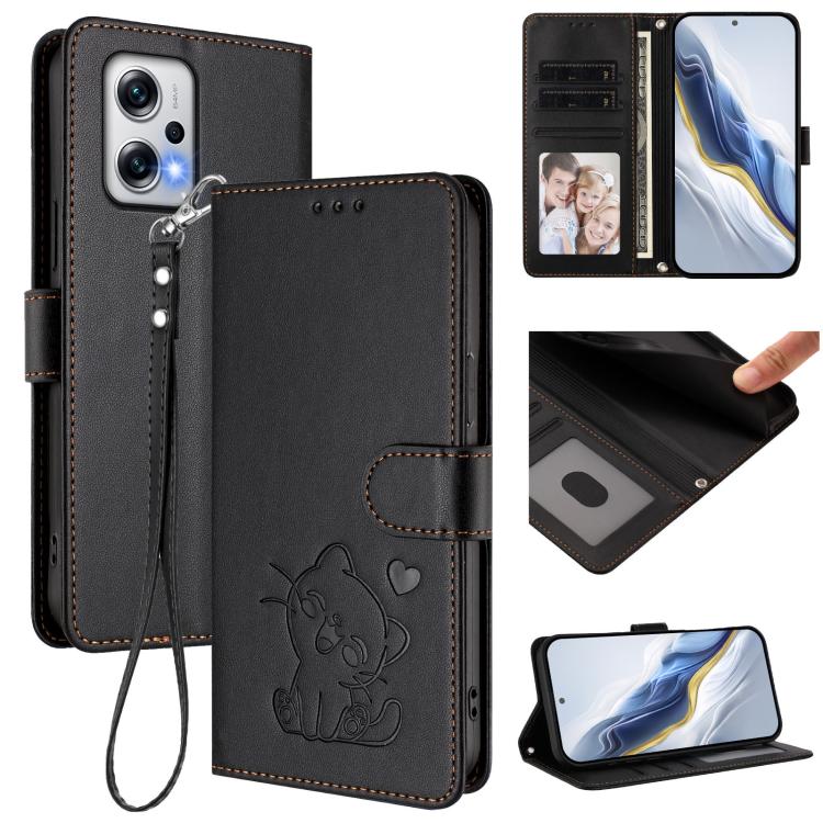 Embossed Heart Cat Leather Phone Case with Hand Strap, For Redmi Note 13 5G Global, For Redmi Note 13 Pro+ 5G Global, For Redmi 12 4G / 5G / Note 12R, For Redmi K50i / Note 12T Pro, For Redmi Note 12 Turbo 5G / Xiaomi Poco F5, For Redmi K60 / K60 Pro  ...