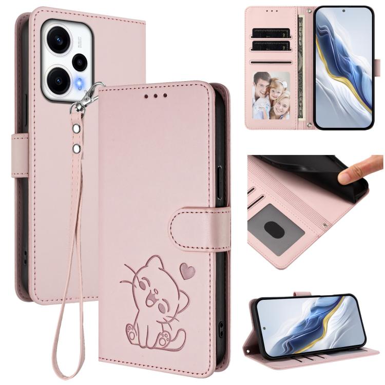 Embossed Heart Cat Leather Phone Case with Hand Strap, For Redmi Note 13 5G Global, For Redmi Note 13 Pro+ 5G Global, For Redmi 12 4G / 5G / Note 12R, For Redmi K50i / Note 12T Pro, For Redmi Note 12 Turbo 5G / Xiaomi Poco F5, For Redmi K60 / K60 Pro  ...