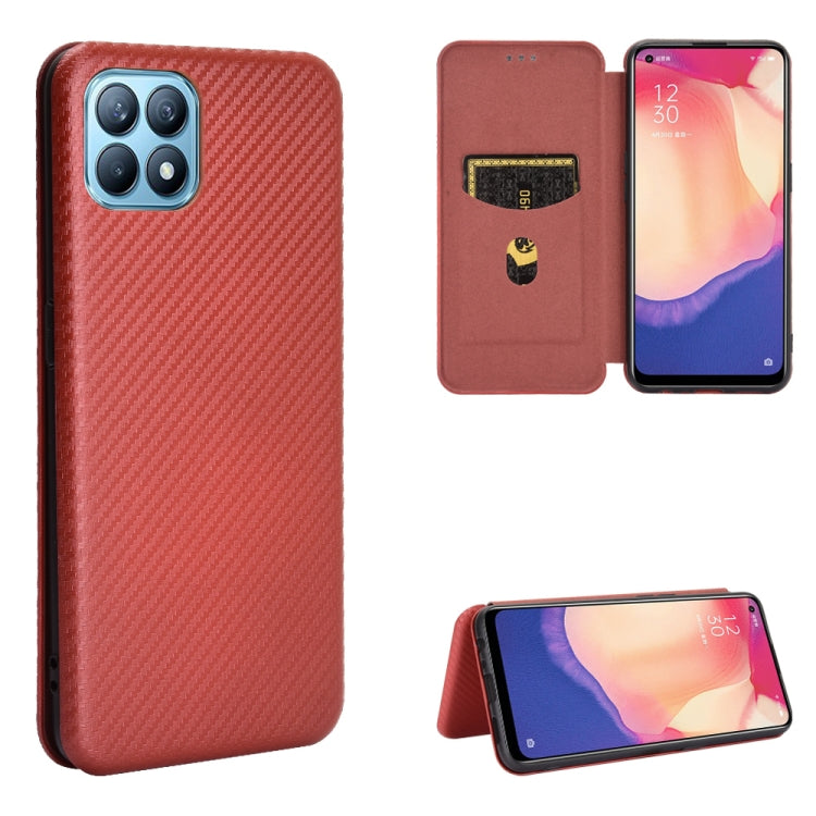 Brown carbon-fiber texture magnetic flip phone case, with camera cutouts