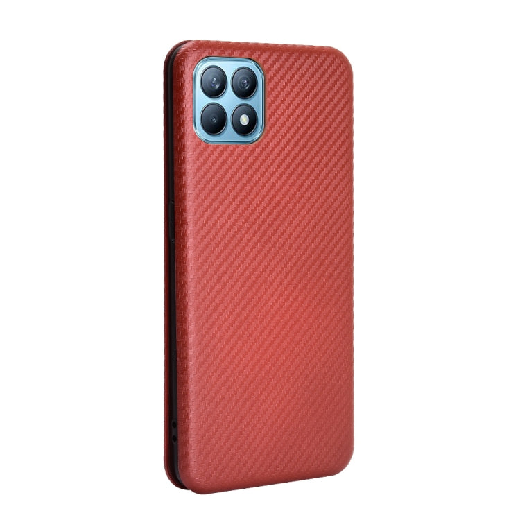 Brown carbon-fiber texture flip phone case with camera cutouts and side trim