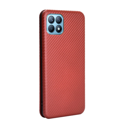 Brown carbon-fiber texture flip phone case with camera cutouts and side trim