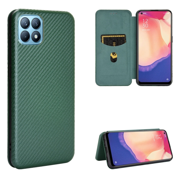 Green carbon-fiber texture magnetic flip phone case with card slot and camera cutouts