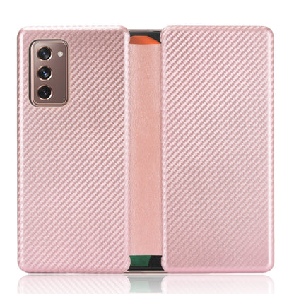 Light pink carbon fiber texture magnetic flip phone case with card holder and kickstand