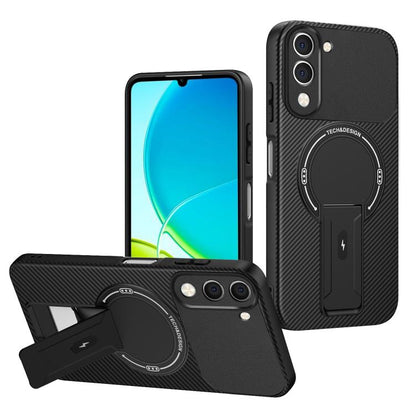 Carbon Fiber Texture MagSafe Phone Case with Holder, For vivo Y11d / Y05 4G, For vivo S50 / V70 5G, For vivo Y29s 5G / Y04 4G / Y19e