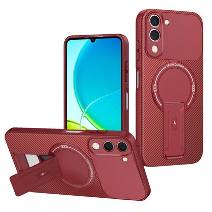 Carbon Fiber Texture MagSafe Phone Case with Holder, For vivo Y11d / Y05 4G, For vivo S50 / V70 5G, For vivo Y29s 5G / Y04 4G / Y19e
