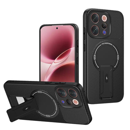 Carbon Fiber Texture MagSafe Phone Case with Holder, For vivo Y11d / Y05 4G, For vivo S50 / V70 5G, For vivo Y29s 5G / Y04 4G / Y19e
