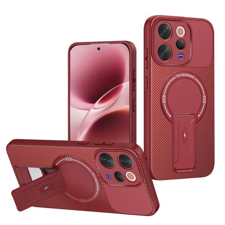 Carbon Fiber Texture MagSafe Phone Case with Holder, For vivo Y11d / Y05 4G, For vivo S50 / V70 5G, For vivo Y29s 5G / Y04 4G / Y19e