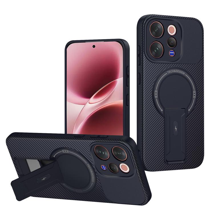 Carbon Fiber Texture MagSafe Phone Case with Holder, For vivo Y11d / Y05 4G, For vivo S50 / V70 5G, For vivo Y29s 5G / Y04 4G / Y19e