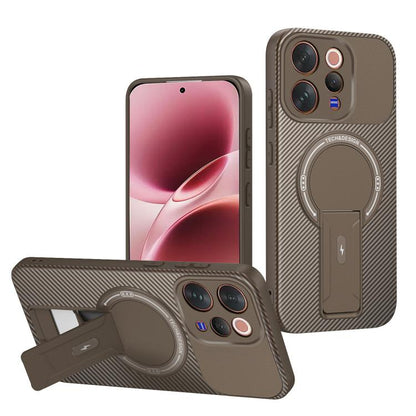 Carbon Fiber Texture MagSafe Phone Case with Holder, For vivo Y11d / Y05 4G, For vivo S50 / V70 5G, For vivo Y29s 5G / Y04 4G / Y19e
