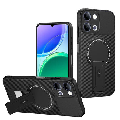 Carbon Fiber Texture MagSafe Phone Case with Holder, For vivo Y11d / Y05 4G, For vivo S50 / V70 5G, For vivo Y29s 5G / Y04 4G / Y19e