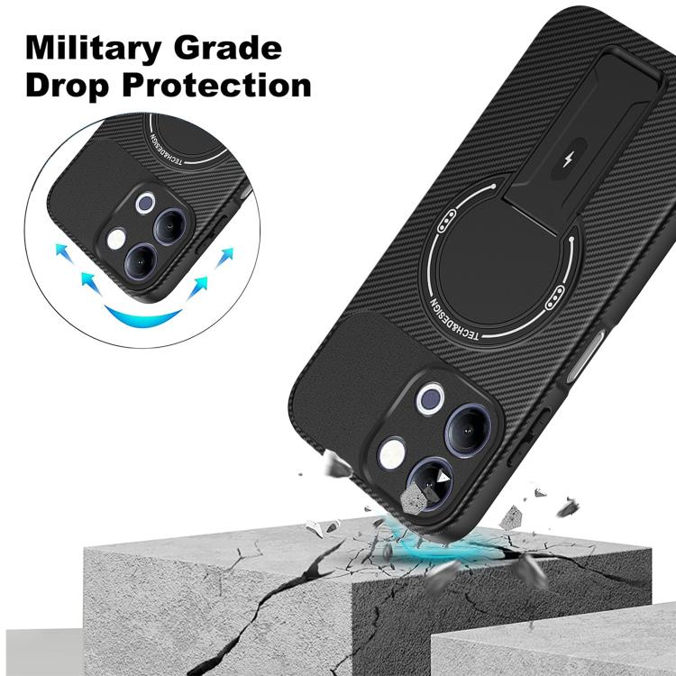 Carbon Fiber Texture MagSafe Phone Case with Holder, For vivo Y11d / Y05 4G, For vivo S50 / V70 5G, For vivo Y29s 5G / Y04 4G / Y19e