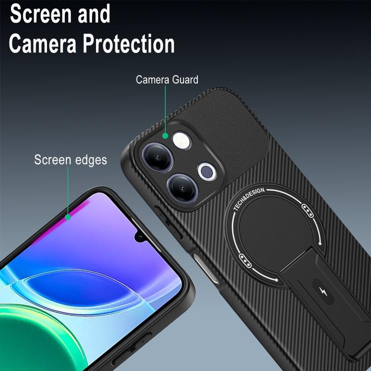 Carbon Fiber Texture MagSafe Phone Case with Holder, For vivo Y11d / Y05 4G, For vivo S50 / V70 5G, For vivo Y29s 5G / Y04 4G / Y19e