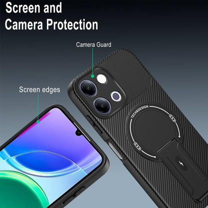 Carbon Fiber Texture MagSafe Phone Case with Holder, For vivo Y11d / Y05 4G, For vivo S50 / V70 5G, For vivo Y29s 5G / Y04 4G / Y19e