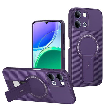 Carbon Fiber Texture MagSafe Phone Case with Holder, For vivo Y11d / Y05 4G, For vivo S50 / V70 5G, For vivo Y29s 5G / Y04 4G / Y19e