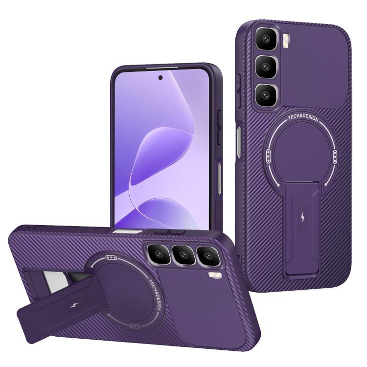Carbon Fiber Texture MagSafe Phone Case with Holder, For Infinix Hot 70 5G, For Infinix Note Edge 5G, For Infinix Note 60 / 60 Pro 5G, For Infinix Hot 60 5G / Hot 60i 4G, For Infinix Hot 60 Pro+ 4G, For Infinix Hot 60 Pro 4G, For Infinix Hot 50 Pro+ 4G