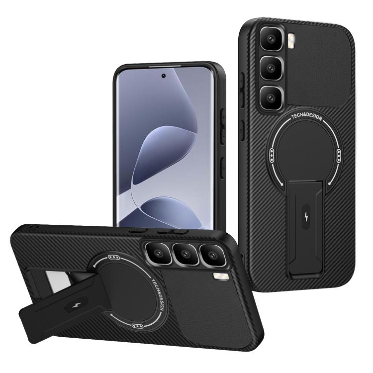 Carbon Fiber Texture MagSafe Phone Case with Holder, For Infinix Hot 70 5G, For Infinix Note Edge 5G, For Infinix Note 60 / 60 Pro 5G, For Infinix Hot 60 5G / Hot 60i 4G, For Infinix Hot 60 Pro+ 4G, For Infinix Hot 60 Pro 4G, For Infinix Hot 50 Pro+ 4G