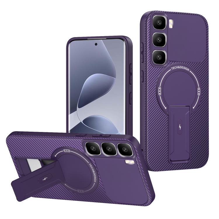 Carbon Fiber Texture MagSafe Phone Case with Holder, For Infinix Hot 70 5G, For Infinix Note Edge 5G, For Infinix Note 60 / 60 Pro 5G, For Infinix Hot 60 5G / Hot 60i 4G, For Infinix Hot 60 Pro+ 4G, For Infinix Hot 60 Pro 4G, For Infinix Hot 50 Pro+ 4G