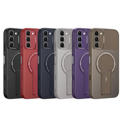 Carbon Fiber Texture MagSafe Phone Case with Holder, For Infinix Hot 70 5G, For Infinix Note Edge 5G, For Infinix Note 60 / 60 Pro 5G, For Infinix Hot 60 5G / Hot 60i 4G, For Infinix Hot 60 Pro+ 4G, For Infinix Hot 60 Pro 4G, For Infinix Hot 50 Pro+ 4G
