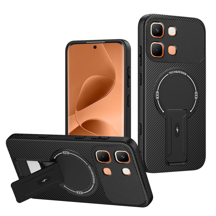 Carbon Fiber Texture MagSafe Phone Case with Holder, For Infinix Hot 70 5G, For Infinix Note Edge 5G, For Infinix Note 60 / 60 Pro 5G, For Infinix Hot 60 5G / Hot 60i 4G, For Infinix Hot 60 Pro+ 4G, For Infinix Hot 60 Pro 4G, For Infinix Hot 50 Pro+ 4G