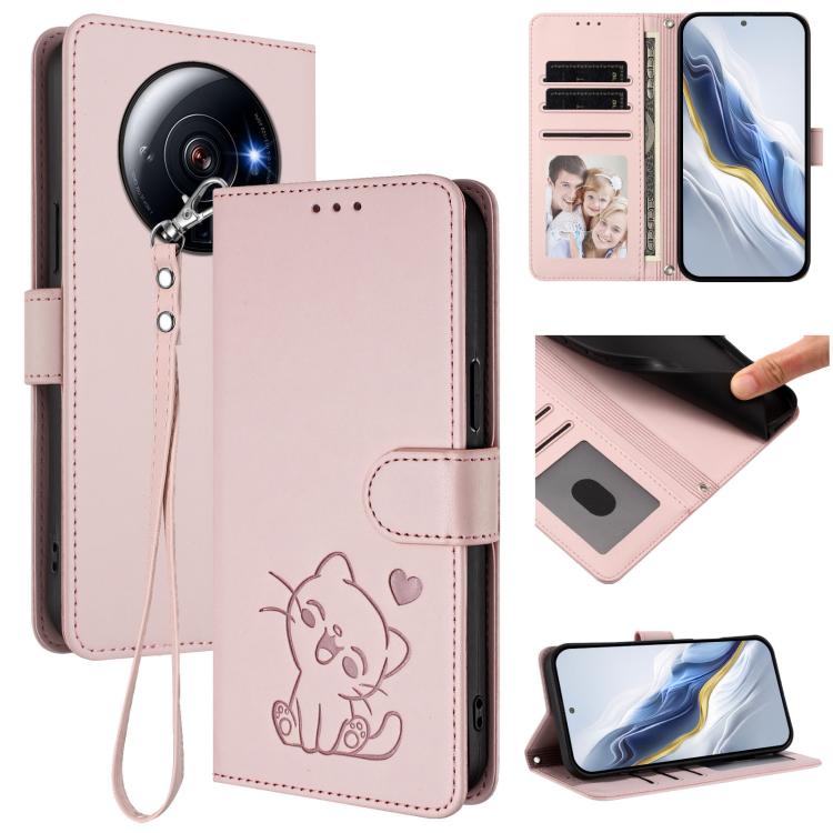 Embossed Heart Cat Leather Phone Case with Hand Strap, For Xiaomi 13 5G, For Xiaomi 12S Ultra, For Xiaomi 12 Pro / 12S Pro, For Xiaomi 12 5G / 12X 5G / 12S 5G, For Xiaomi 12 Lite, For Xiaomi Civi 1S, For Xiaomi Poco M4 Pro 4G, For Xiaomi Poco X4 Pro 5G