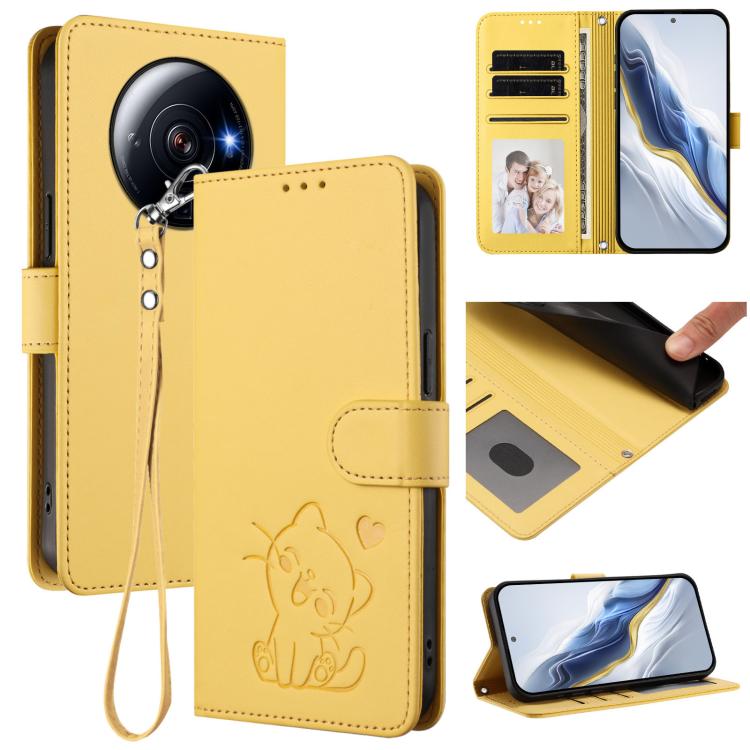 Embossed Heart Cat Leather Phone Case with Hand Strap, For Xiaomi 13 5G, For Xiaomi 12S Ultra, For Xiaomi 12 Pro / 12S Pro, For Xiaomi 12 5G / 12X 5G / 12S 5G, For Xiaomi 12 Lite, For Xiaomi Civi 1S, For Xiaomi Poco M4 Pro 4G, For Xiaomi Poco X4 Pro 5G