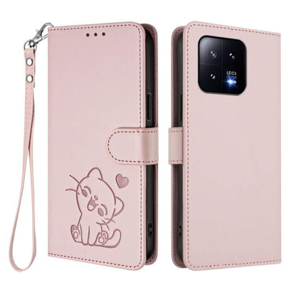 Embossed Heart Cat Leather Phone Case with Hand Strap, For Xiaomi 13 5G, For Xiaomi 12S Ultra, For Xiaomi 12 Pro / 12S Pro, For Xiaomi 12 5G / 12X 5G / 12S 5G, For Xiaomi 12 Lite, For Xiaomi Civi 1S, For Xiaomi Poco M4 Pro 4G, For Xiaomi Poco X4 Pro 5G