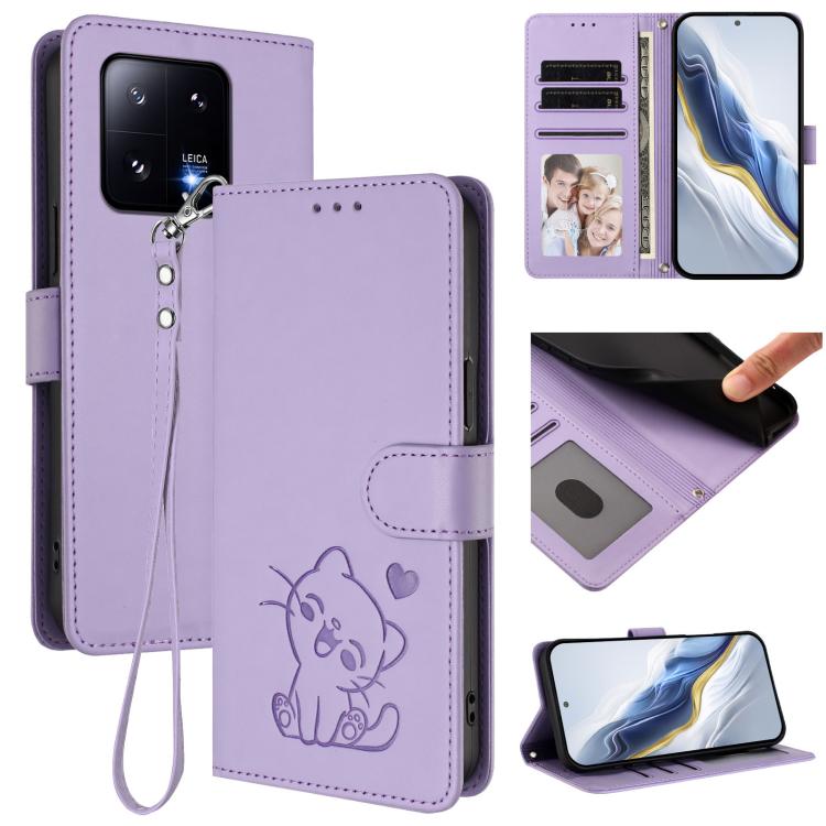 Embossed Heart Cat Leather Phone Case with Hand Strap, For Xiaomi Poco X6 Pro 5G / Redmi K70E 5G, For Xiaomi 14 Ultra 5G, For Xiaomi 14 Pro 5G, For Xiaomi 14 5G, For Xiaomi 13T / 13T Pro 5G, For Xiaomi 13 Ultra, For Xiaomi Civi 3 5G                    ...