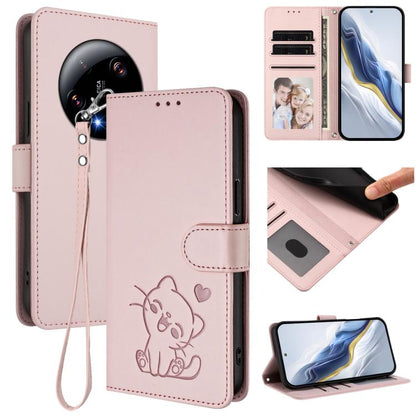 Embossed Heart Cat Leather Phone Case with Hand Strap, For Xiaomi Poco X6 Pro 5G / Redmi K70E 5G, For Xiaomi 14 Ultra 5G, For Xiaomi 14 Pro 5G, For Xiaomi 14 5G, For Xiaomi 13T / 13T Pro 5G, For Xiaomi 13 Ultra, For Xiaomi Civi 3 5G                    ...