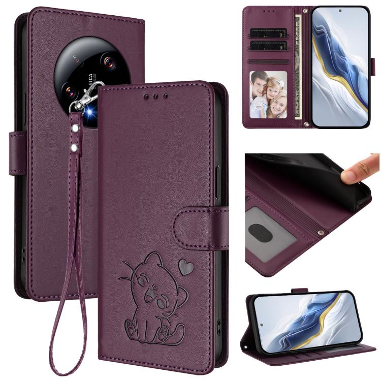 Embossed Heart Cat Leather Phone Case with Hand Strap, For Xiaomi Poco X6 Pro 5G / Redmi K70E 5G, For Xiaomi 14 Ultra 5G, For Xiaomi 14 Pro 5G, For Xiaomi 14 5G, For Xiaomi 13T / 13T Pro 5G, For Xiaomi 13 Ultra, For Xiaomi Civi 3 5G                    ...