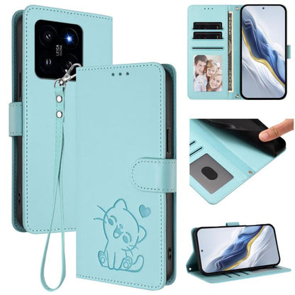 Embossed Heart Cat Leather Phone Case with Hand Strap, For Xiaomi Poco X6 Pro 5G / Redmi K70E 5G, For Xiaomi 14 Ultra 5G, For Xiaomi 14 Pro 5G, For Xiaomi 14 5G, For Xiaomi 13T / 13T Pro 5G, For Xiaomi 13 Ultra, For Xiaomi Civi 3 5G                    ...