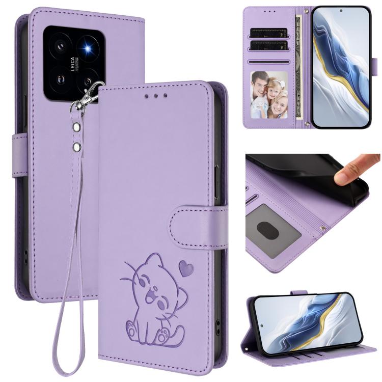 Embossed Heart Cat Leather Phone Case with Hand Strap, For Xiaomi Poco X6 Pro 5G / Redmi K70E 5G, For Xiaomi 14 Ultra 5G, For Xiaomi 14 Pro 5G, For Xiaomi 14 5G, For Xiaomi 13T / 13T Pro 5G, For Xiaomi 13 Ultra, For Xiaomi Civi 3 5G                    ...