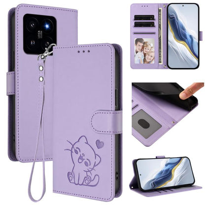 Embossed Heart Cat Leather Phone Case with Hand Strap, For Xiaomi Poco X6 Pro 5G / Redmi K70E 5G, For Xiaomi 14 Ultra 5G, For Xiaomi 14 Pro 5G, For Xiaomi 14 5G, For Xiaomi 13T / 13T Pro 5G, For Xiaomi 13 Ultra, For Xiaomi Civi 3 5G                    ...