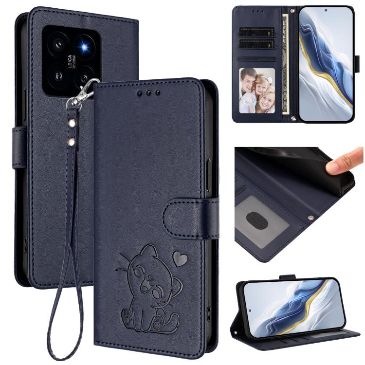 Embossed Heart Cat Leather Phone Case with Hand Strap, For Xiaomi Poco X6 Pro 5G / Redmi K70E 5G, For Xiaomi 14 Ultra 5G, For Xiaomi 14 Pro 5G, For Xiaomi 14 5G, For Xiaomi 13T / 13T Pro 5G, For Xiaomi 13 Ultra, For Xiaomi Civi 3 5G                    ...