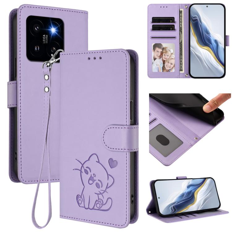 Embossed Heart Cat Leather Phone Case with Hand Strap, For Xiaomi Poco X6 Pro 5G / Redmi K70E 5G, For Xiaomi 14 Ultra 5G, For Xiaomi 14 Pro 5G, For Xiaomi 14 5G, For Xiaomi 13T / 13T Pro 5G, For Xiaomi 13 Ultra, For Xiaomi Civi 3 5G                    ...