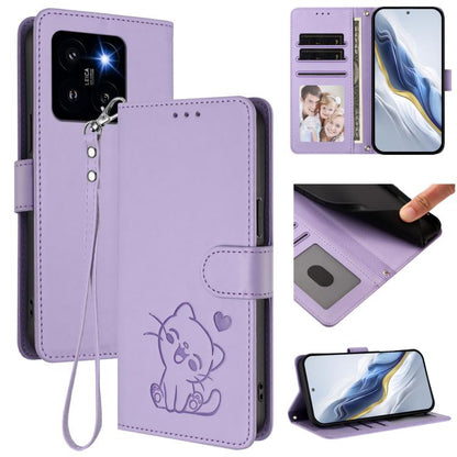 Embossed Heart Cat Leather Phone Case with Hand Strap, For Xiaomi Poco X6 Pro 5G / Redmi K70E 5G, For Xiaomi 14 Ultra 5G, For Xiaomi 14 Pro 5G, For Xiaomi 14 5G, For Xiaomi 13T / 13T Pro 5G, For Xiaomi 13 Ultra, For Xiaomi Civi 3 5G                    ...