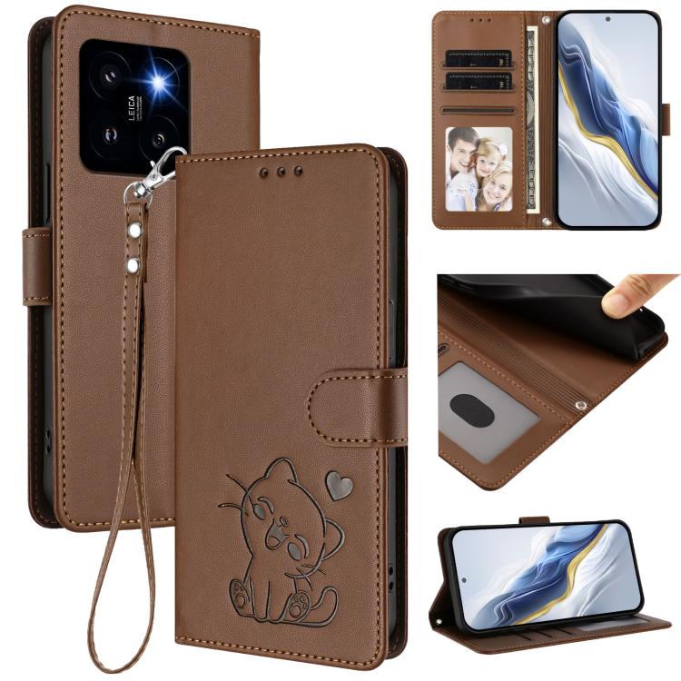 Embossed Heart Cat Leather Phone Case with Hand Strap, For Xiaomi Poco X6 Pro 5G / Redmi K70E 5G, For Xiaomi 14 Ultra 5G, For Xiaomi 14 Pro 5G, For Xiaomi 14 5G, For Xiaomi 13T / 13T Pro 5G, For Xiaomi 13 Ultra, For Xiaomi Civi 3 5G                    ...