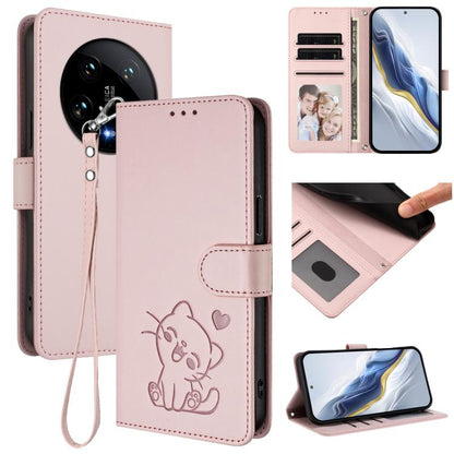 Embossed Heart Cat Leather Phone Case with Hand Strap, For Xiaomi Poco X6 Pro 5G / Redmi K70E 5G, For Xiaomi 14 Ultra 5G, For Xiaomi 14 Pro 5G, For Xiaomi 14 5G, For Xiaomi 13T / 13T Pro 5G, For Xiaomi 13 Ultra, For Xiaomi Civi 3 5G                    ...