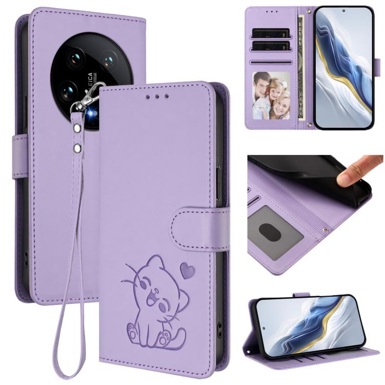 Embossed Heart Cat Leather Phone Case with Hand Strap, For Xiaomi Poco X6 Pro 5G / Redmi K70E 5G, For Xiaomi 14 Ultra 5G, For Xiaomi 14 Pro 5G, For Xiaomi 14 5G, For Xiaomi 13T / 13T Pro 5G, For Xiaomi 13 Ultra, For Xiaomi Civi 3 5G                    ...